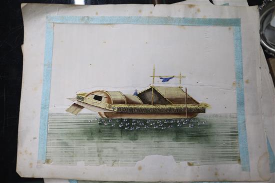 Seven 19th century Chinese pith paintings, five depicting junk boats and two flowers